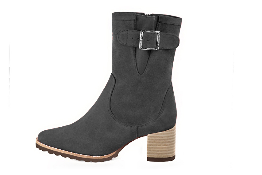 Dark grey women's ankle boots with buckles on the sides. Round toe. Medium block heels. Profile view - Florence KOOIJMAN